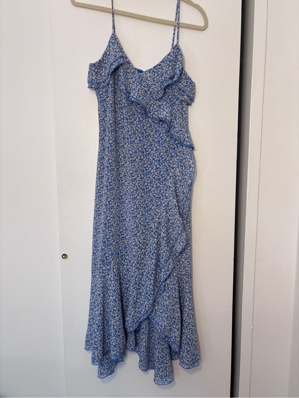 All in Favor Blue Floral Midi Dress with Ruffle Detail